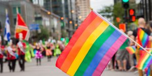 Gay rainbow flags at Montreal gay pride parade